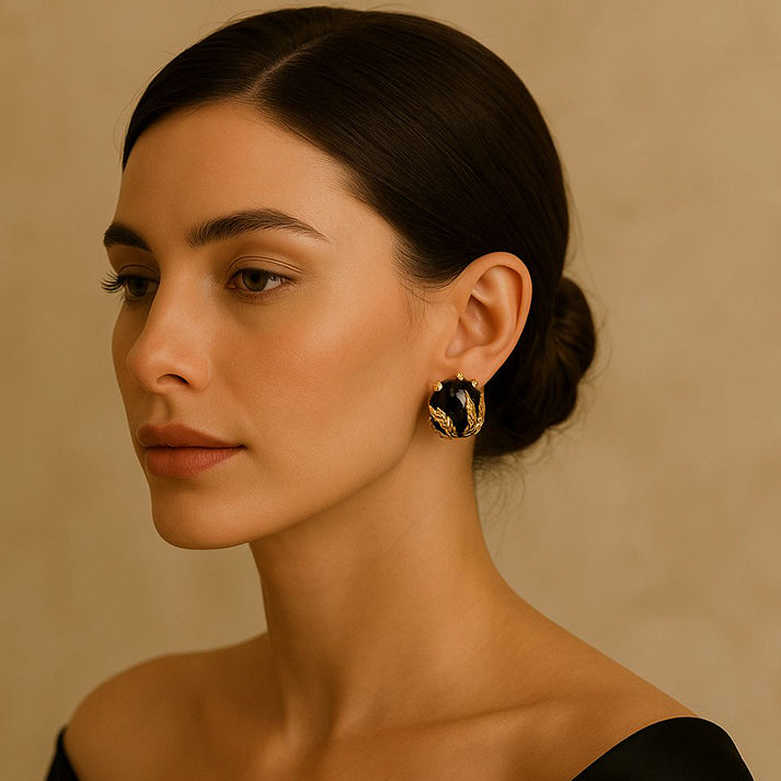 Gold Leaf Black Stone Stud Earrings – Bold & Elegant Look