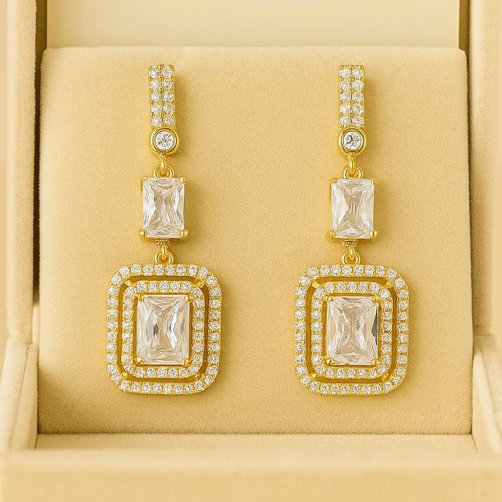 Gold Drop Earrings with Baguette & Halo Crystal Design