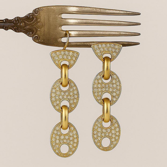Gold Link Drop Earrings with Pave Crystal Disc Design