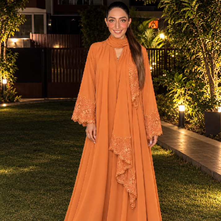 Elegant Rust Orange Lace Detail Long Dress for Women