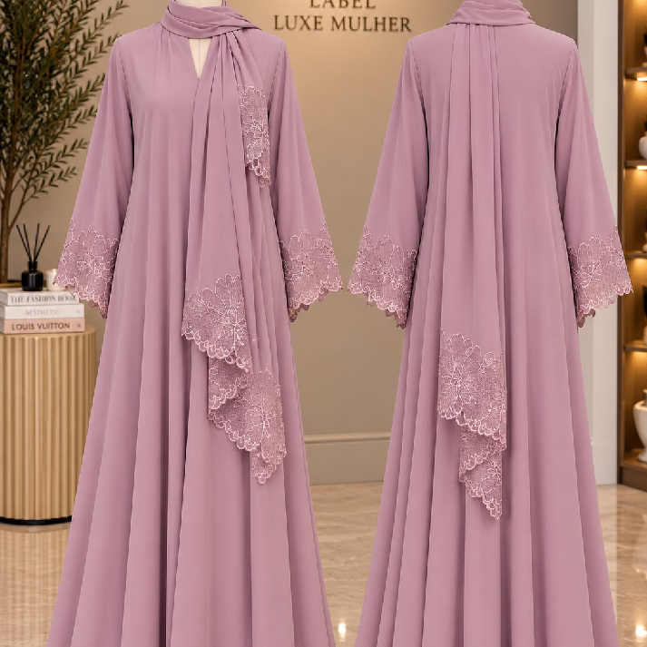 Elegant Mauve Lace Detail Long Dress for Women