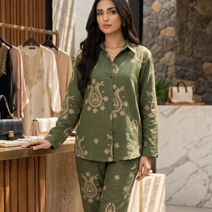 Olive Green Paisley Printed Cotton Co-Ord Set