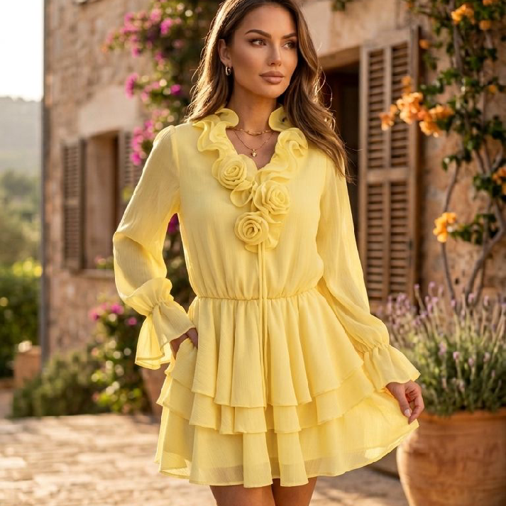 Floral Ruffle Tiered Mini Dress – Yellow, Blue & Ivory