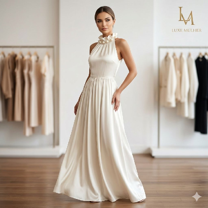Elegant High-Neck Dress with Floral Collar Detail, Available in Ivory and Black Colour