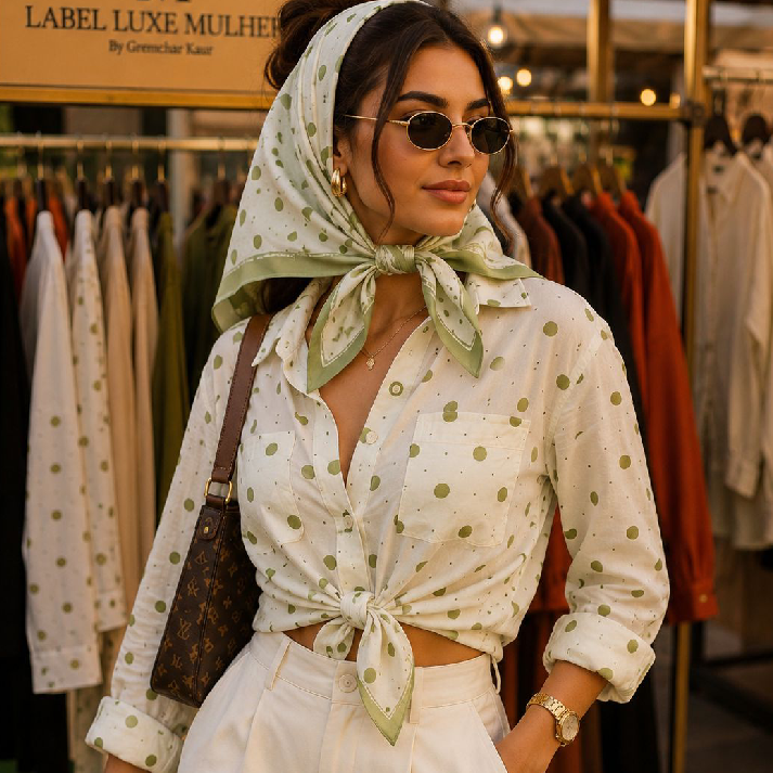 Polka Dot Tie-Front Cotton Shirt – White & Olive Green