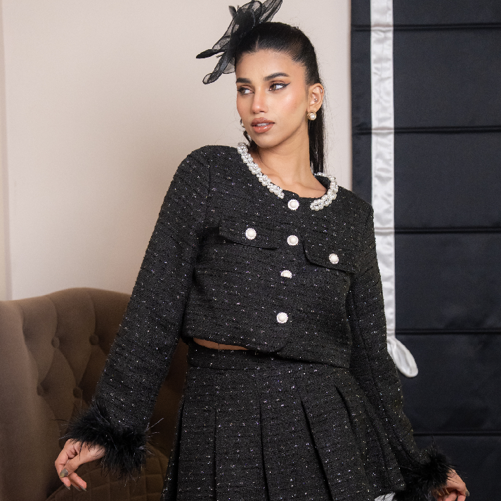 The 'Black Tie Social' Set: Crystal Trim Tweed Blazer & Pleated Mini Skirt