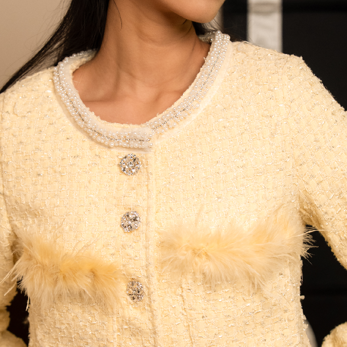 The 'Chantilly Charm' Set: Feather & Crystal Trim Tweed Blazer & Mini Skirt