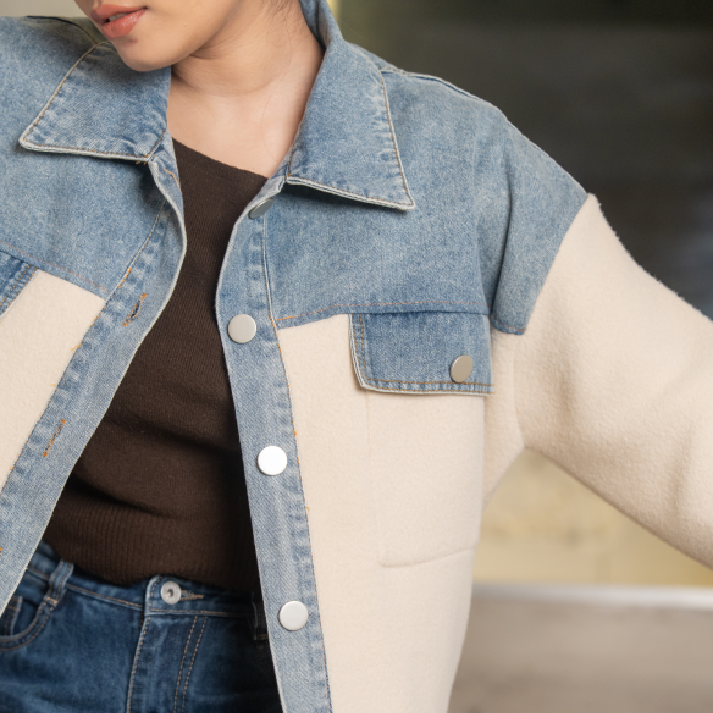 The 'Couture Canvas' Hybrid: Dark Denim Panel Knit Statement Jacket