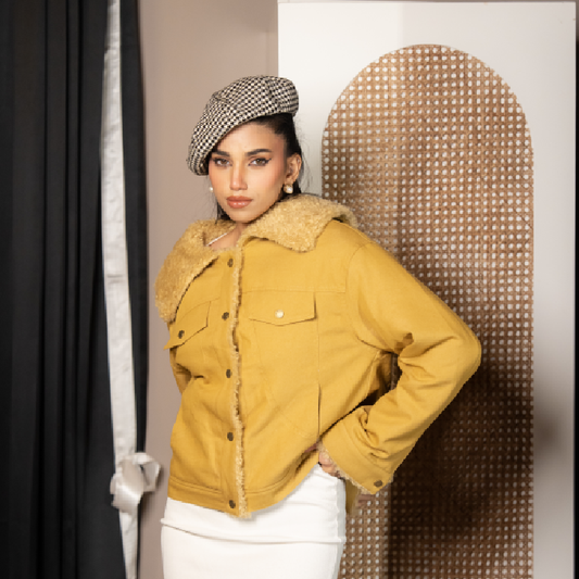 The 'Mustard Aviator' Luxe Tweed Blazers: Contrast Shearling Collar & Gold Hardware