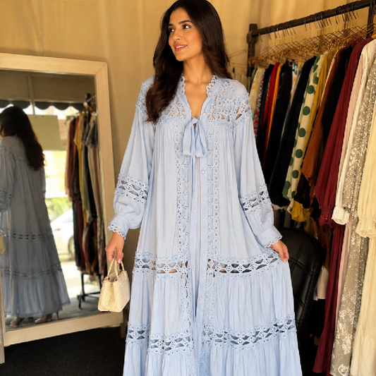 Sky Blue Lace-Detail Tiered Maxi Dress with Tie-Neck Accent