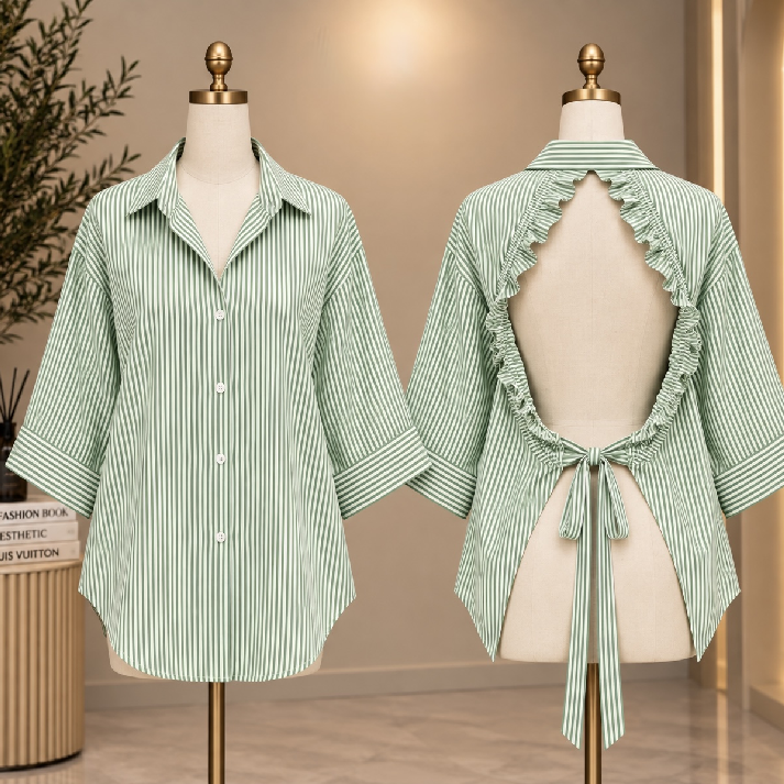 Olive Green & White Striped Open-Back Tie Detail Shirt – Free Size