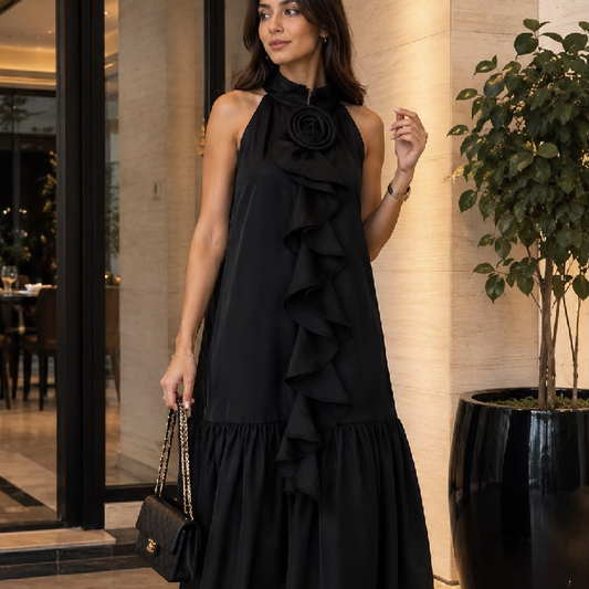 Elegant Black Ruffle Detail Sleeveless Maxi Dress with Statement Rosette