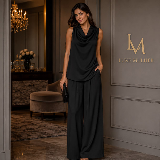 Women's Black Flowing Co-Ord Set | Cowl Neck Sleeveless Top & Wide-Leg Pants