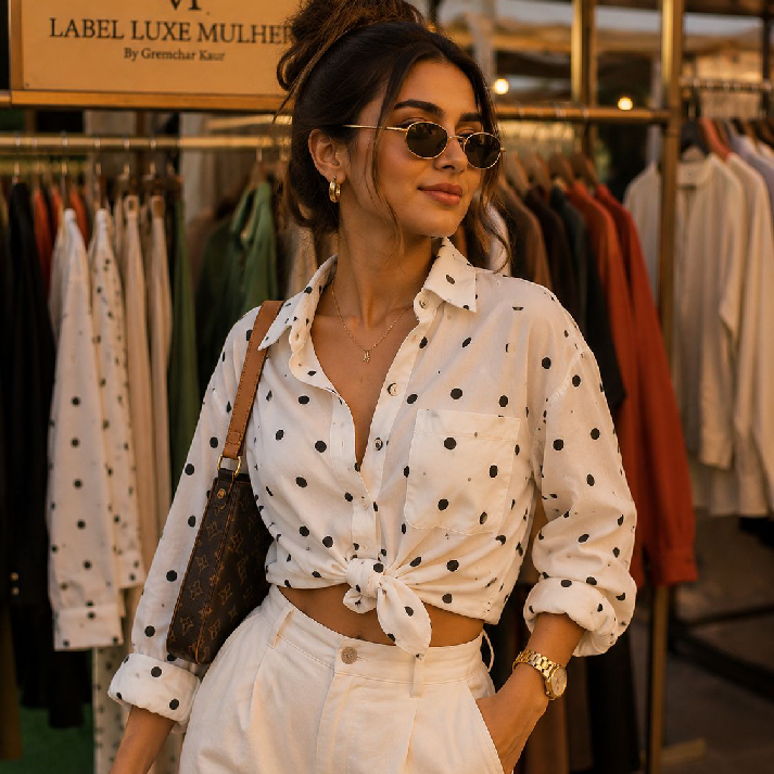 Polka Dot Tie-Front Cotton Shirt – White & Olive Green