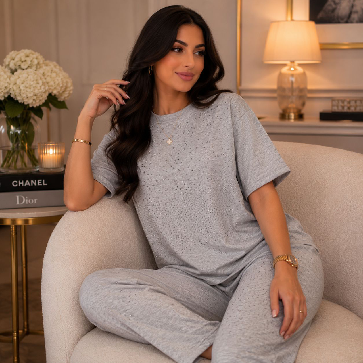 Crystal Embellished Lounge Co-Ord Set - In Multi Colour