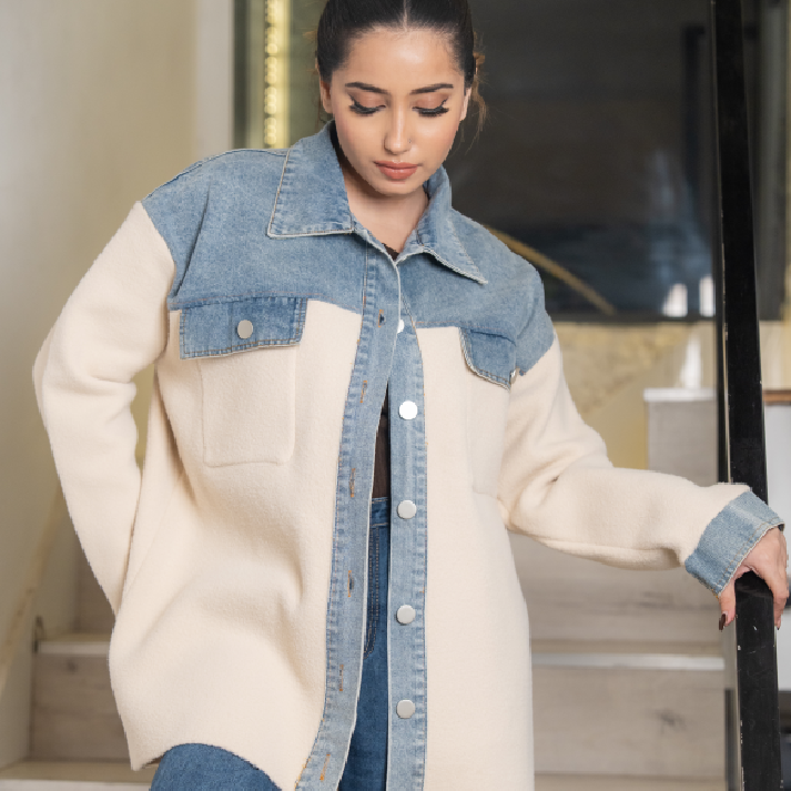 The 'Couture Canvas' Hybrid: Dark Denim Panel Knit Statement Jacket
