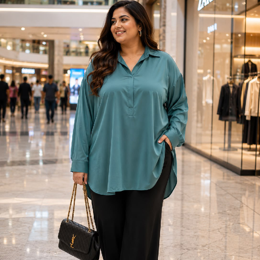 Women's Teal Oversized Satin Shirt | Free Size Longline Relaxed Fit Top