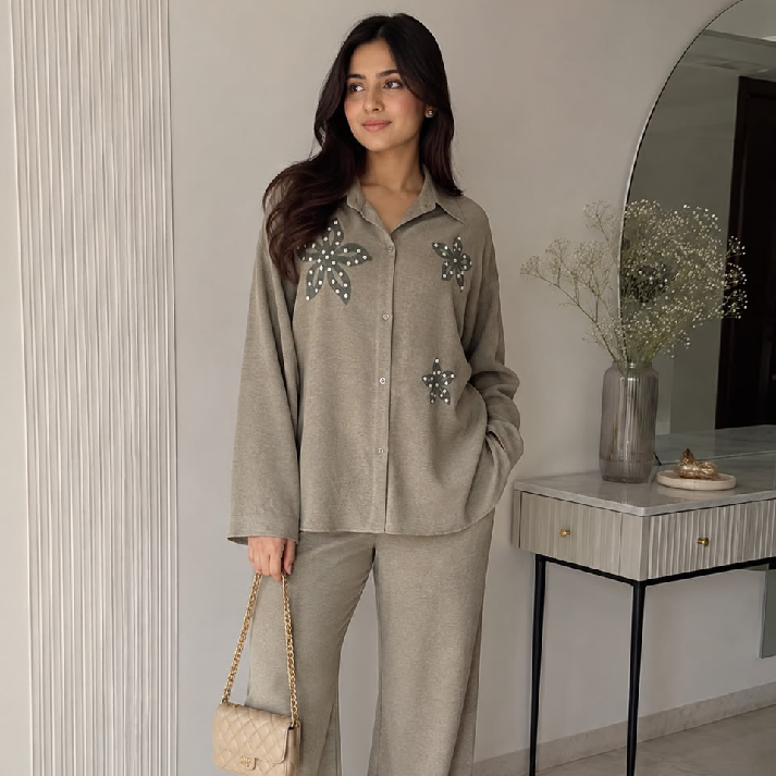 Women's Dark Grey Floral Embellished Co-Ord Set | Premium Full Sleeve Shirt & Straight Fit Pants