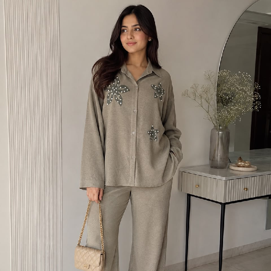 Women's Dark Grey Floral Embellished Co-Ord Set | Premium Full Sleeve Shirt & Straight Fit Pants