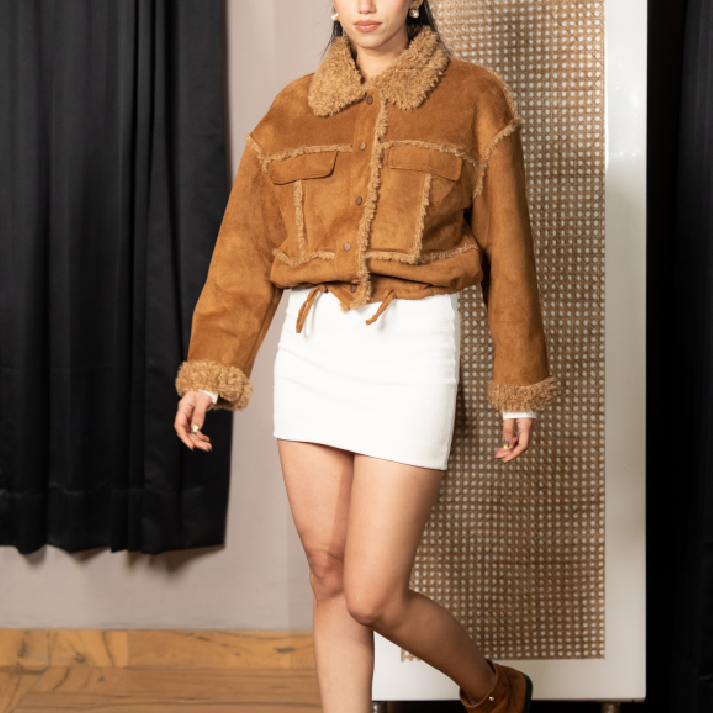 The 'Midnight Grandeur' Set: Embellished Yellow Leather Jacket & Pleated Mini Co-ord