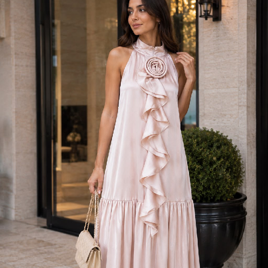 Elegant Blush Pink Ruffle Detail Sleeveless Maxi Dress