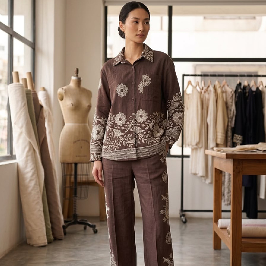 Relaxed-Fit Floral Printed Co-Ord Set with Straight Pants – Coffee Brown