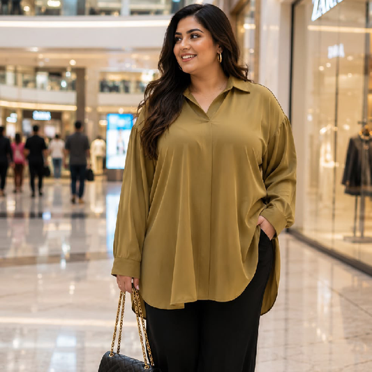 Women's Olive Green Oversized Satin Shirt | Free Size Longline Relaxed Fit Top