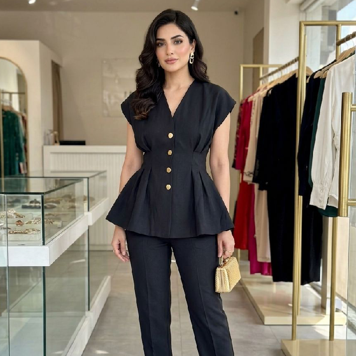 Elegant Black Peplum Co-Ord Set with Gold Button Detailing