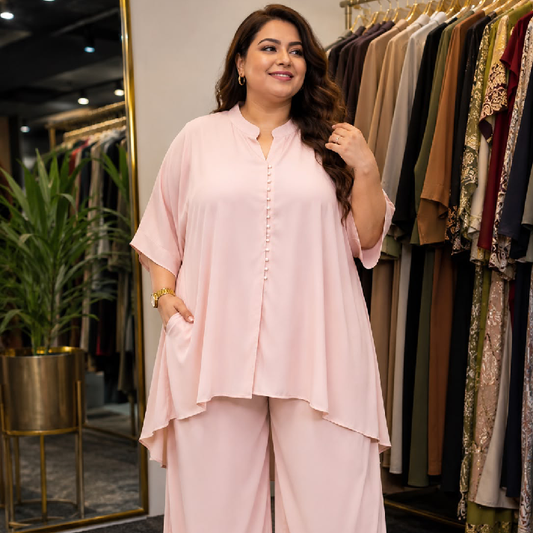 Blush Pink Flowing Co-Ord Set with Wide-Leg Pants