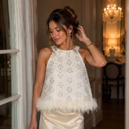 Elegant White Embellished Feather Trim Party Top for Women