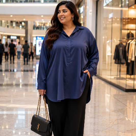 Women's Navy Blue Oversized Satin Shirt | Free Size Longline Relaxed Fit Top