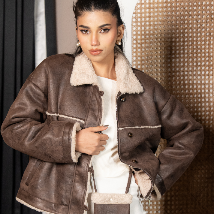 The 'Ivory Alpine' Peplum Set: Faux Fur Trim Leather Jacket & Mini Skirt Co-ord