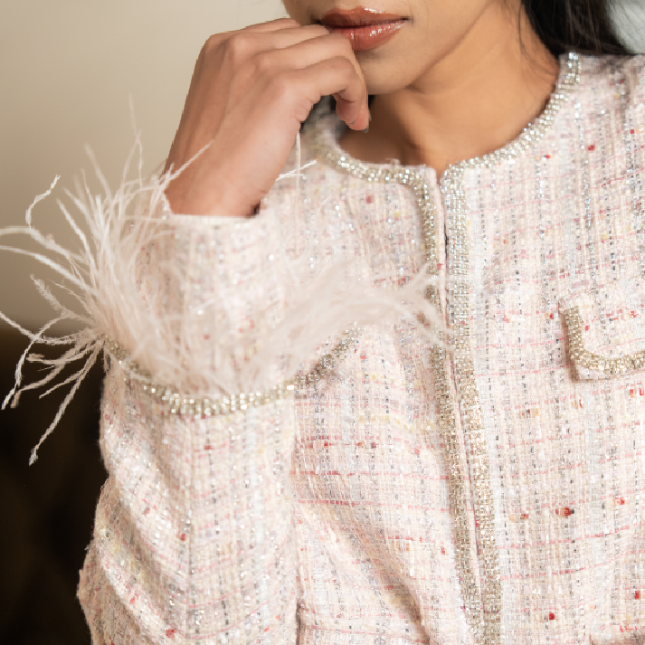 The 'Sunbeam Social' Set: Feather & Crystal Trim Tweed Blazer.