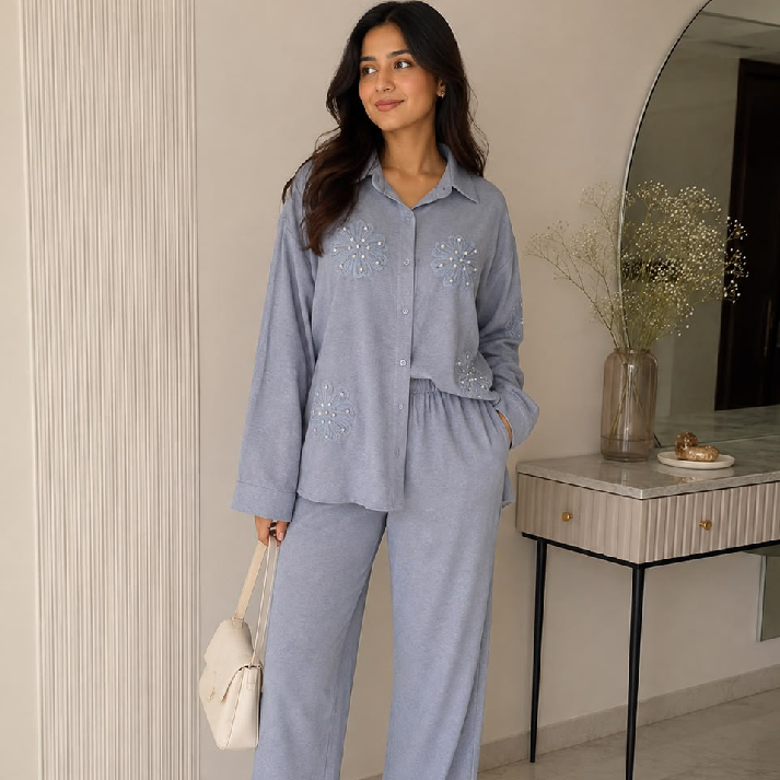 Women's Sky Blue Floral Embellished Co-Ord Set | Full Sleeve Button-Down Shirt & Straight Fit Pants