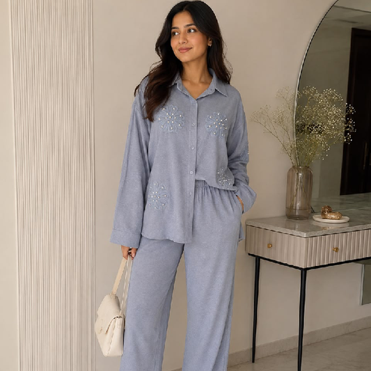Women's Sky Blue Floral Embellished Co-Ord Set | Full Sleeve Button-Down Shirt & Straight Fit Pants