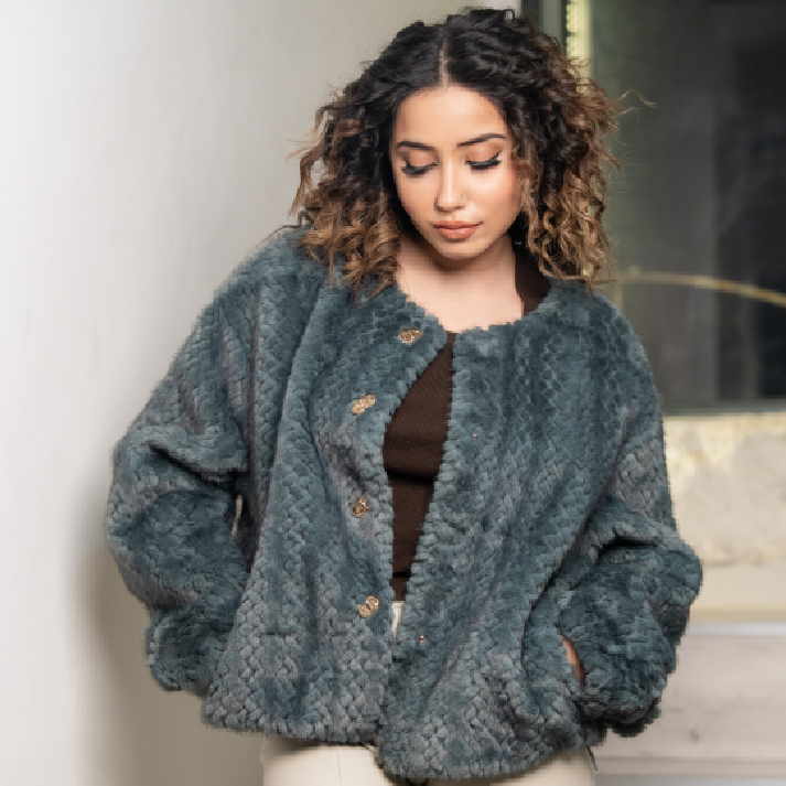 The 'Azure Sable' Statement Coat: Dusty Blue Structured Ribbed Faux Fur