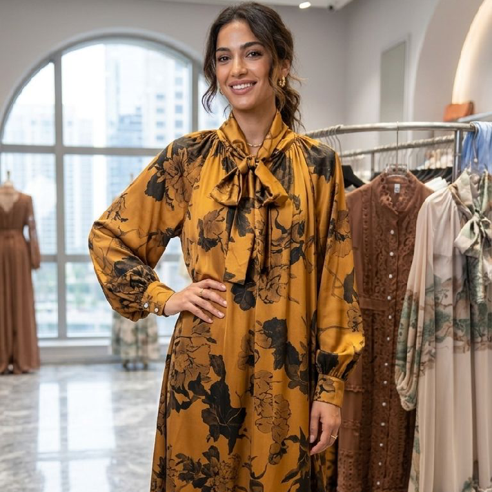 Golden Bloom Tie-Neck Dress