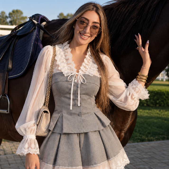 Grey Lace Trim Corset Top & Pleated Mini Skirt Set