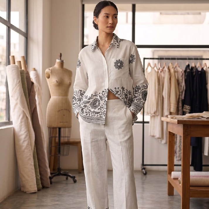 Women's Ivory Floral Printed Co-Ord Set | Premium Shirt & Wide-Leg Pants