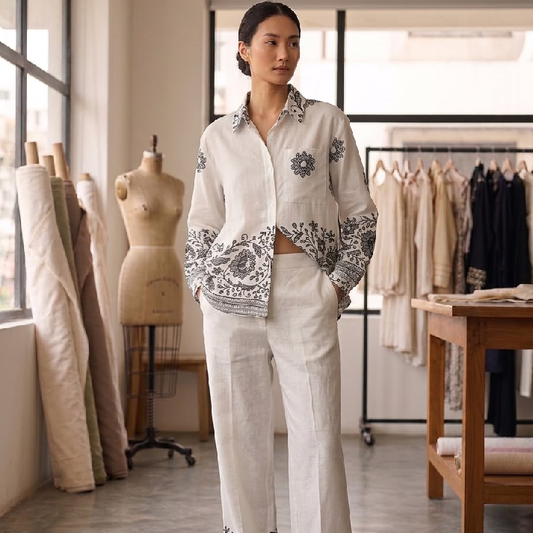 Women's Ivory Floral Printed Co-Ord Set | Premium Shirt & Wide-Leg Pants