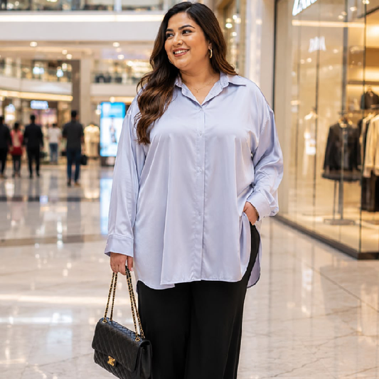 Women's Ice Blue Oversized Satin Shirt | Free Size Longline Relaxed Fit Top