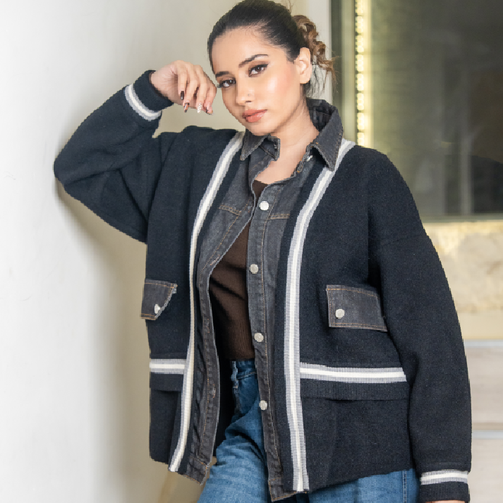 The 'Monochrome Matrix' Hybrid: Ivory Knit & Dark Denim Panel Jacket