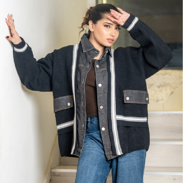 The 'Monochrome Matrix' Hybrid: Ivory Knit & Dark Denim Panel Jacket