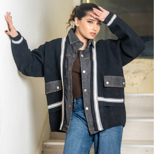 The 'Monochrome Matrix' Hybrid: Ivory Knit & Dark Denim Panel Jacket