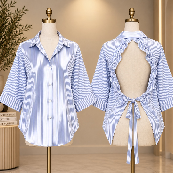 Blue & White Striped Open-Back Tie Detail Shirt – Free Size