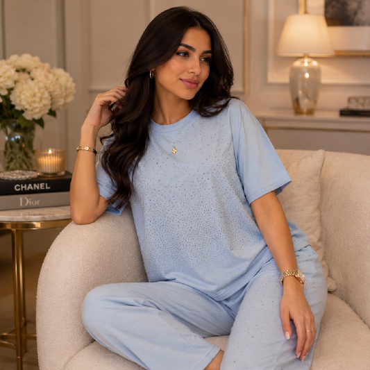 Elegant Light Blue Embellished Short-Sleeve Top & Trousers Co-Ord Set