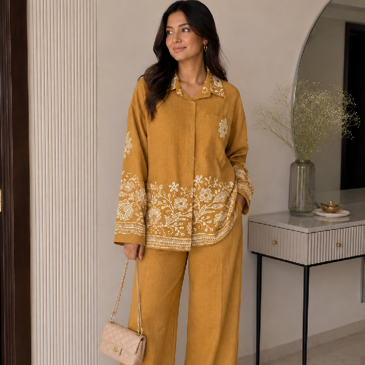 Mustard Floral Printed Co-Ord Set for Women | Premium Casual & Lounge Wear