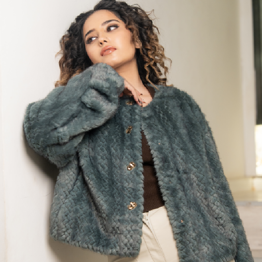 The 'Azure Sable' Statement Coat: Dusty Blue Structured Ribbed Faux Fur