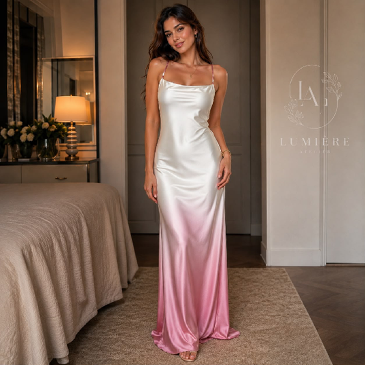 Ombre Satin Slip Maxi Dress with Spaghetti Straps – Ivory & Blush Pink