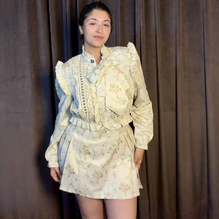 Floral Lace Detail Bow Blouse & Mini Skirt Co-Ord Set